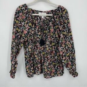 Swirl Floral Boho peasant Balloon Sleeve Blouse Sz M tie neck tassels